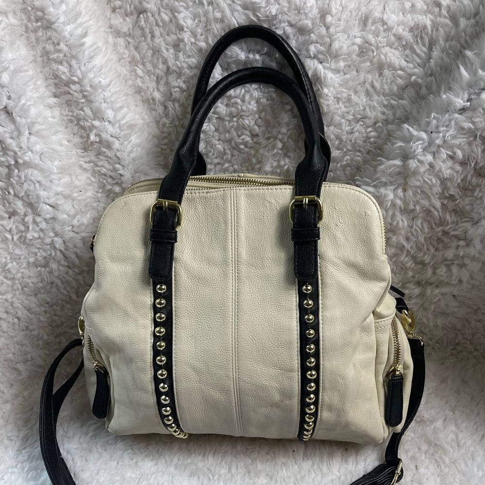 Big Buddha beige and black Satchel/shoulder bag gold tone studs accent